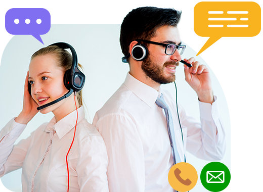 A man and a woman wearing headset working in customer services with chat icons sourrounds them.
